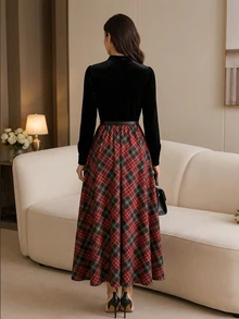 LUMIGAL Fall Clothes FOR WomenWomen's Elegant Plaid Patchwork Long Dress, Autumn/Winter - Multicolor - View 2