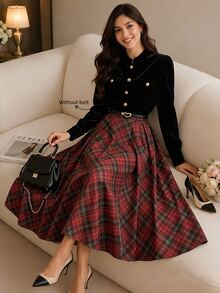 LUMIGAL Fall Clothes FOR WomenWomen's Elegant Plaid Patchwork Long Dress, Autumn/Winter - Multicolor - View 3