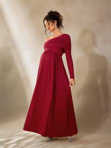 Cheriluna Maternity 纯色不对称肩部褶皱长袖A字优雅孕妇写真礼服/圣诞派对礼服/红色礼服/冬季礼服 - 酒紅色 - 查看 7