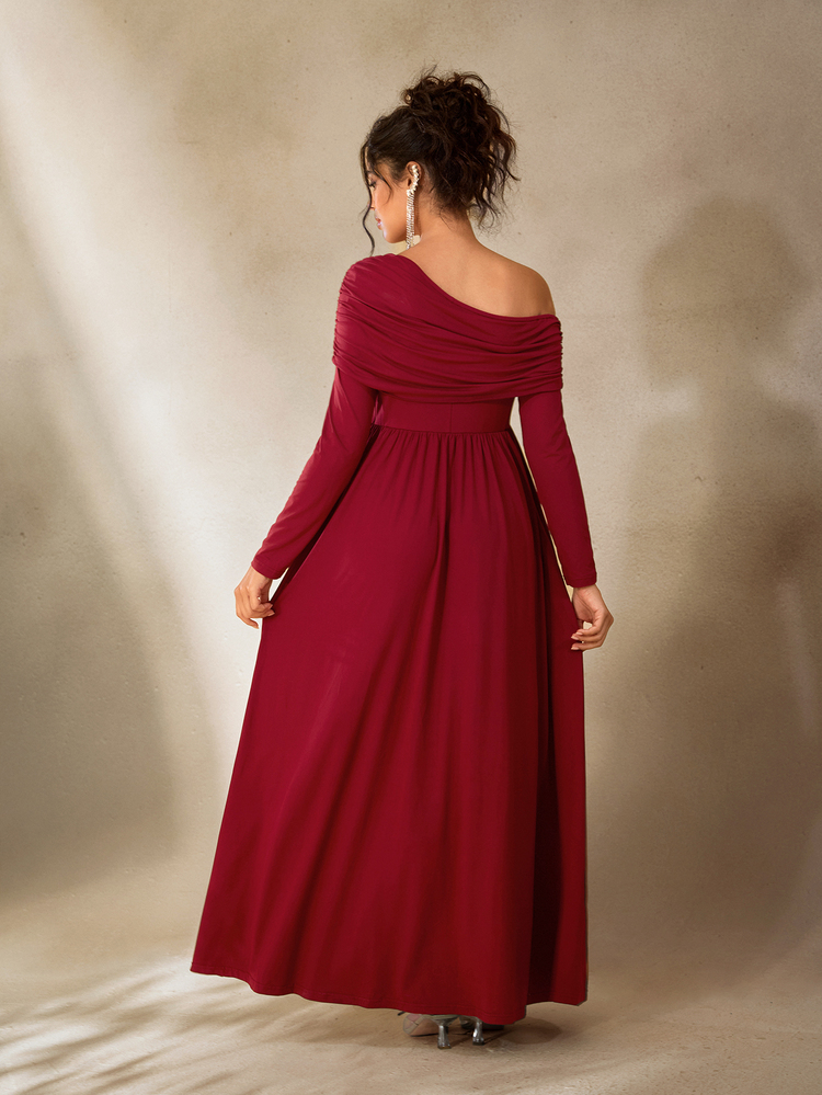 Cheriluna Maternity Solid Color Asymmetrical Shoulder Ruched Long Sleeve A-Line Elegant Maternity Photoshoot Formal Dress/Christmas Party Dress/Red Dress/Winter Dress - Burgundy - View 3