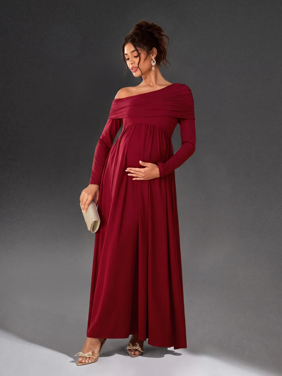 Cheriluna Maternity 纯色不对称肩部褶皱长袖A字优雅孕妇写真礼服/圣诞派对礼服/红色礼服/冬季礼服 - 酒紅色 - 查看 1