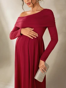 Cheriluna Maternity 纯色不对称肩部褶皱长袖A字优雅孕妇写真礼服/圣诞派对礼服/红色礼服/冬季礼服 - 酒紅色 - 查看 8
