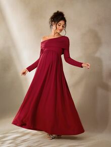 Cheriluna Maternity 纯色不对称肩部褶皱长袖A字优雅孕妇写真礼服/圣诞派对礼服/红色礼服/冬季礼服 - 酒紅色 - 查看 4