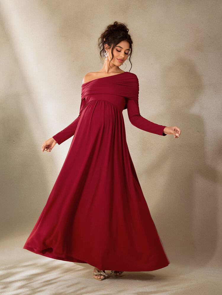 Cheriluna Maternity Solid Color Asymmetrical Shoulder Ruched Long Sleeve A-Line Elegant Maternity Photoshoot Formal Dress/Christmas Party Dress/Red Dress/Winter Dress - Burgundy - View 4