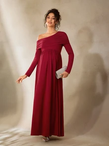 Cheriluna Maternity 纯色不对称肩部褶皱长袖A字优雅孕妇写真礼服/圣诞派对礼服/红色礼服/冬季礼服 - 酒紅色 - 查看 6