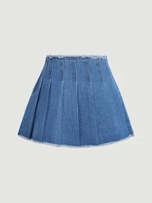 SHEIN MOD Women's Casual Preppy Washed Pleated Denim Skirt Back-To-School Everyday Teacher Blue Summer - Blue - View 2