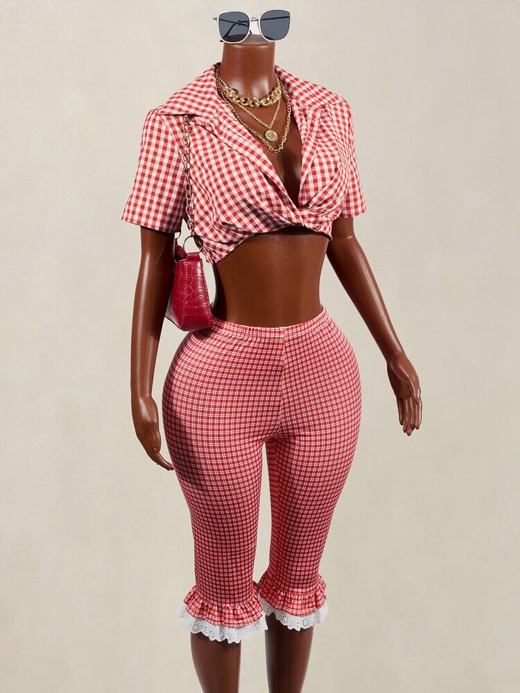 Zolique Leggings Lace Frill Cropped Pants Slim Fit Knee Length Trousers Oktoberfest Red And White Plaid Summer Cute Vintage Picnic 70s - Red - View 7