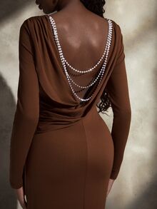 Cheriluna Maternity 纯色露背珍珠装饰超长鱼尾下摆长袖紧身孕妇拍照连衣裙 - 棕色 - 查看 4