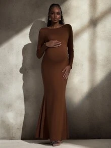 Cheriluna Maternity 纯色露背珍珠装饰超长鱼尾下摆长袖紧身孕妇拍照连衣裙 - 棕色 - 查看 5