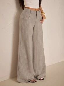 SHEIN PETITE Women's Low Waist Striped Fabric Wide Leg Suit Pants - Khaki - View 6