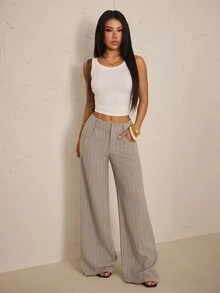 SHEIN PETITE Women's Low Waist Striped Fabric Wide Leg Suit Pants - Khaki - View 4