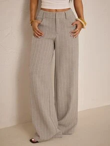 SHEIN PETITE Women's Low Waist Striped Fabric Wide Leg Suit Pants - Khaki - View 7