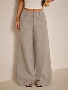 SHEIN PETITE Women's Low Waist Striped Fabric Wide Leg Suit Pants - Khaki - View 9