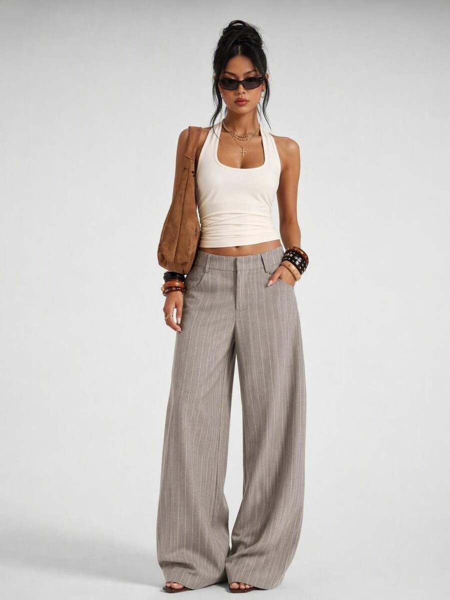 SHEIN PETITE Women's Low Waist Striped Fabric Wide Leg Suit Pants - Khaki - View 1