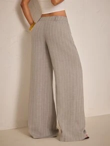 SHEIN PETITE Women's Low Waist Striped Fabric Wide Leg Suit Pants - Khaki - View 2