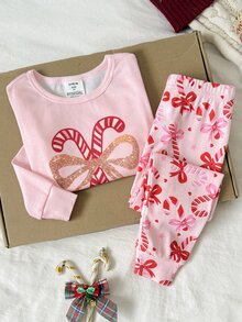 SHEIN 女童秋冬聖誕可愛時尚百搭派對長袖長褲套裝，日常居家穿著，修身版型 - 彩色 - 查看 8