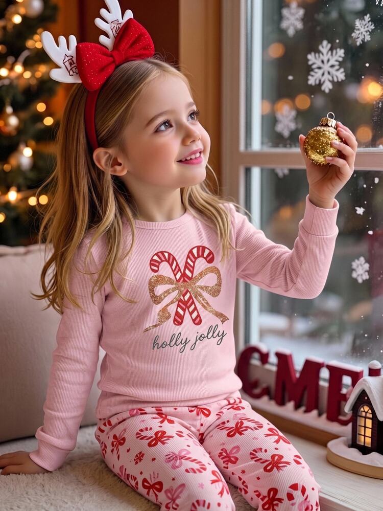 SHEIN Young Girls Young Girl Autumn/Winter Christmas Cute Fashion Versatile Party Long Sleeve Long Pants Set, Daily Home Wear, Slim Fit - Multicolor - View 6