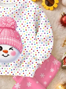 聖誕快樂，女嬰休閒可愛聖誕雪人圖案、波點雪花、奶油粉色，節慶保暖內裡厚款圓領長袖運動衫與內搭褲，適合秋冬、秋季風格、秋季穿搭、舒適 - 彩色 - 查看 6