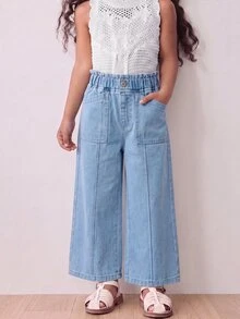 SHEIN 女童淺藍色丹寧寬腿長褲，夏季新品，休閒可愛復古隨性女孩風，鬆緊高腰側縫口袋設計 - 淺色水洗藍 - 查看 4