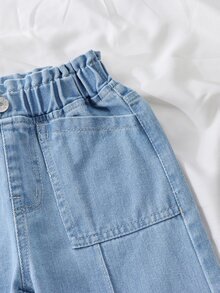 SHEIN 女童淺藍色丹寧寬腿長褲，夏季新品，休閒可愛復古隨性女孩風，鬆緊高腰側縫口袋設計 - 淺色水洗藍 - 查看 5