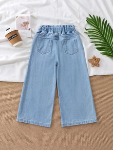 SHEIN 女童淺藍色丹寧寬腿長褲，夏季新品，休閒可愛復古隨性女孩風，鬆緊高腰側縫口袋設計 - 淺色水洗藍 - 查看 2