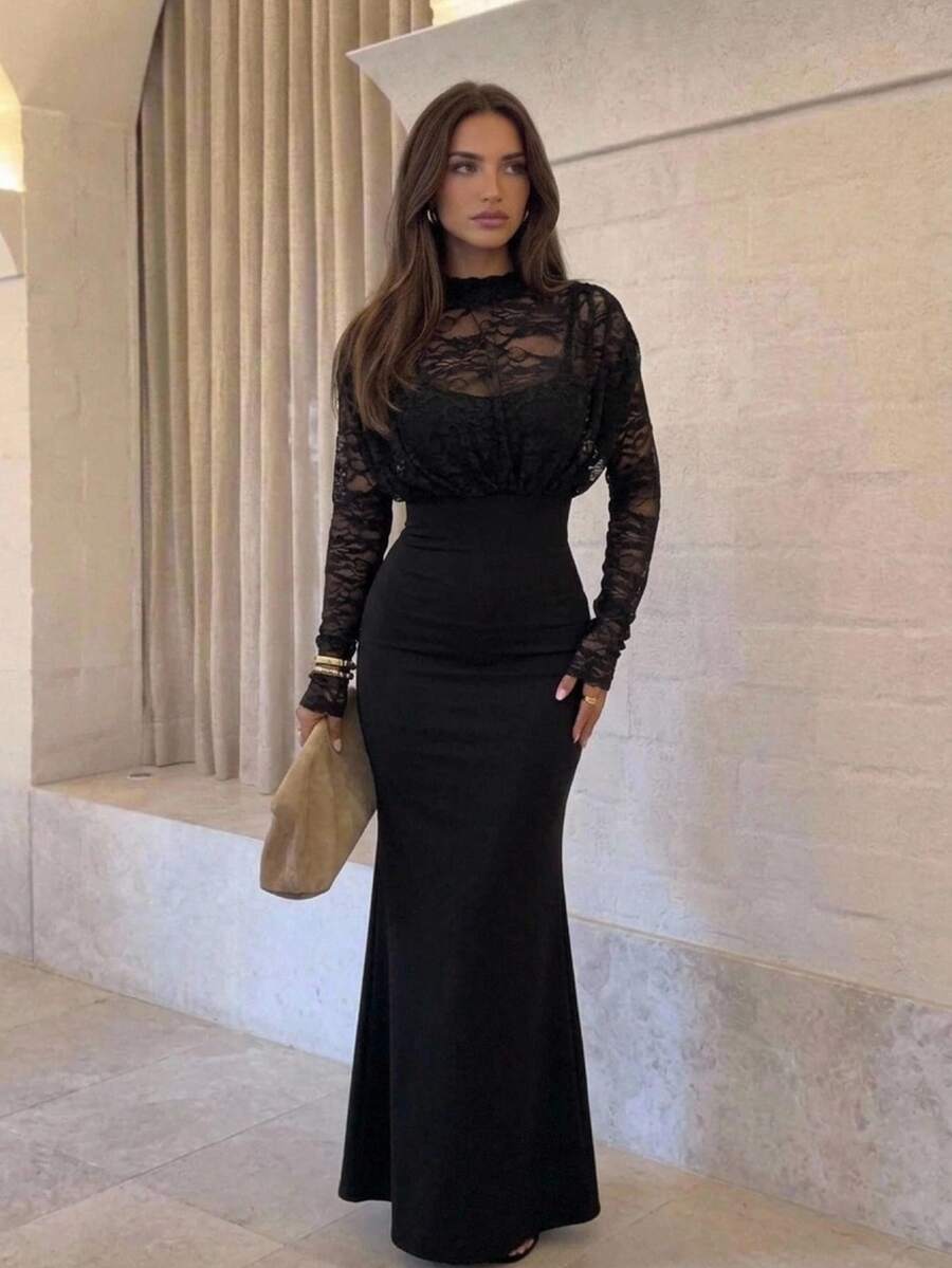 Aloruh Women's French Style Sexy Lace Patchwork Dress Fall Outfits Elegant Dresses For Women Party Dress Black Dress Elegant And Romantic Lace-Panel