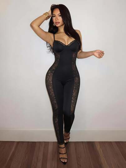 Slaydiva 2025 New Lace Patchwork Camisole Jumpsuit - Pink, Elegant & Sexy For Party, Birthday, Anniversary, Valentine's Day, Halloween, Christmas Occasions