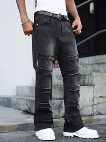 Manfinity EMRG 男士美式嘻哈街頭風拼接毛邊黑色水洗彈性丹寧直筒堆疊喇叭牛仔褲 - 黑色 - 查看 8