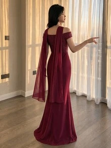 Modelyn فستان سهرة رسمي للنساء بتصميم جاكار مطوي وذيل سمكة (أسلوب حرفية ثقيلة) - عنابي اللون - مشاهدة 2