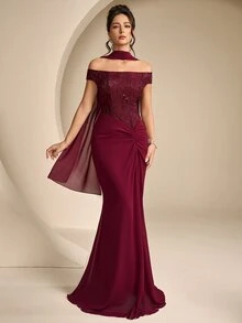 Modelyn فستان سهرة رسمي للنساء بتصميم جاكار مطوي وذيل سمكة (أسلوب حرفية ثقيلة) - عنابي اللون - مشاهدة 6