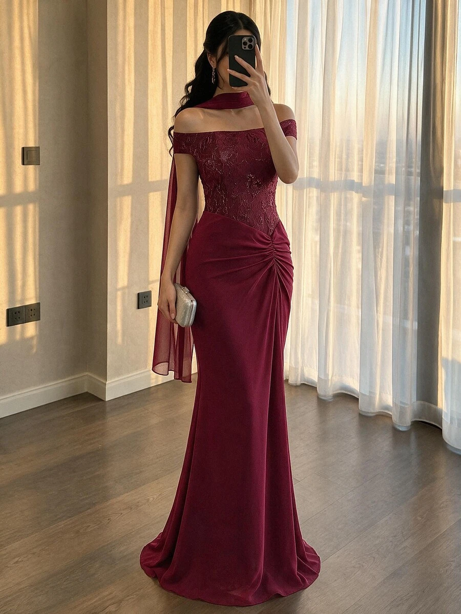 Modelyn فستان سهرة رسمي للنساء بتصميم جاكار مطوي وذيل سمكة (أسلوب حرفية ثقيلة) - عنابي اللون - مشاهدة 1
