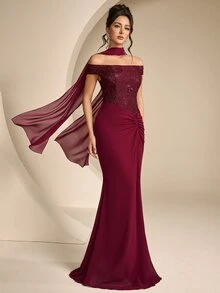 Modelyn فستان سهرة رسمي للنساء بتصميم جاكار مطوي وذيل سمكة (أسلوب حرفية ثقيلة) - عنابي اللون - مشاهدة 5