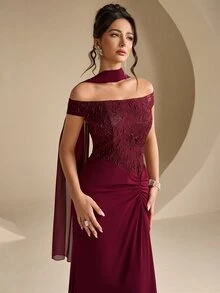 Modelyn فستان سهرة رسمي للنساء بتصميم جاكار مطوي وذيل سمكة (أسلوب حرفية ثقيلة) - عنابي اللون - مشاهدة 8