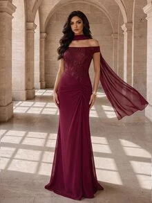 Modelyn فستان سهرة رسمي للنساء بتصميم جاكار مطوي وذيل سمكة (أسلوب حرفية ثقيلة) - عنابي اللون - مشاهدة 4