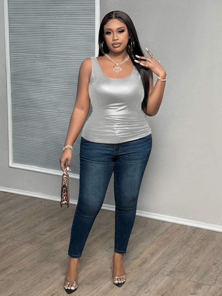 Slaydiva Plus Size Casual All-Match Black Faux Leather Cami Top With Deep U-Neck And Racerback - Silver - View 6