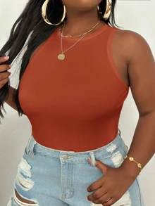 Slaydiva Plus Size Casual Basic Slim Fit Burnt Orange Round Neck Off Shoulder Tank Top-C Evening Formal Summer - Redwood - View 4