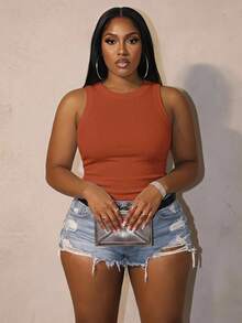 Slaydiva Plus Size Casual Basic Slim Fit Burnt Orange Round Neck Off Shoulder Tank Top-C Evening Formal Summer - Redwood - View 2