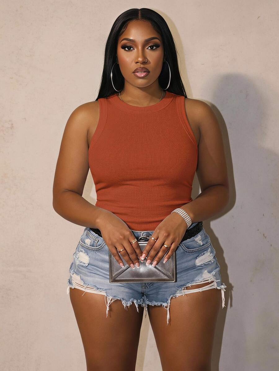 Slaydiva Plus Size Casual Basic Slim Fit Burnt Orange Round Neck Off Shoulder Tank Top-C Evening Formal Summer