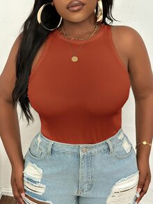 Slaydiva Plus Size Casual Basic Slim Fit Burnt Orange Round Neck Off Shoulder Tank Top-C Evening Formal Summer - Redwood - View 5
