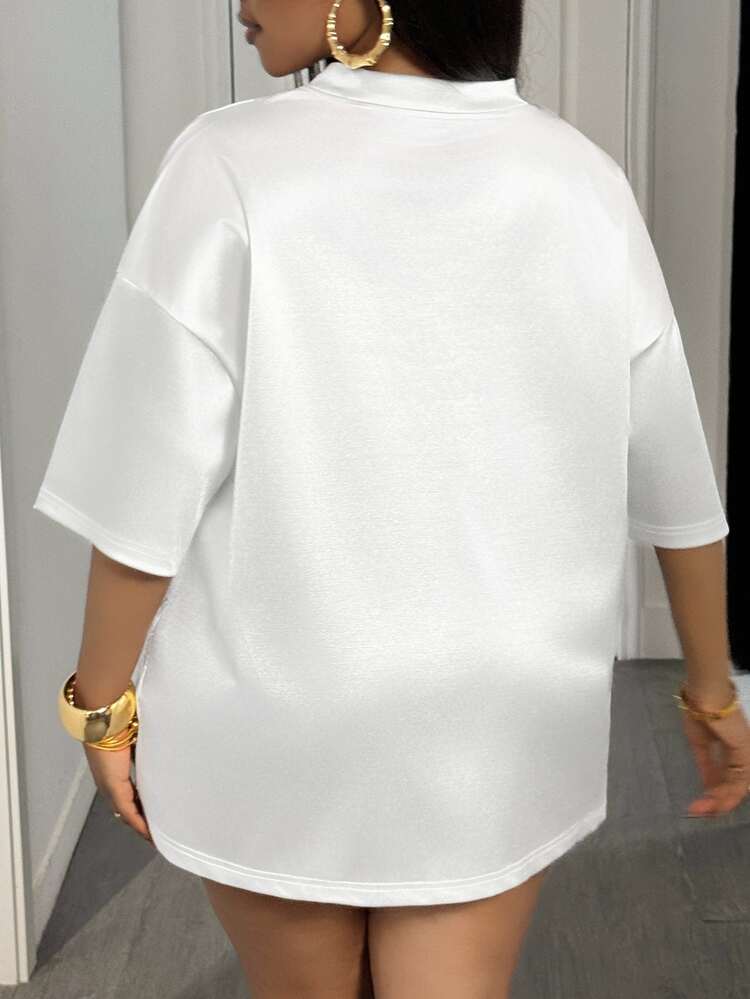 Slaydiva New Summer Casual Streetwear V-Neck Drop Shoulder 3/4 Sleeve Letter Embroidery + Rhinestone Plus Size T-Shirt, Suitable For Music Festivals - White - View 2