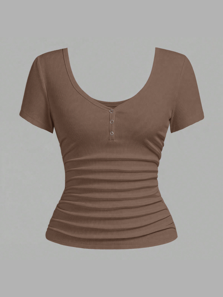 Slaydiva Plus Size Fashion Button Half Placket Short Sleeve T-Shirt Streetwear - Rust Brown - View 4