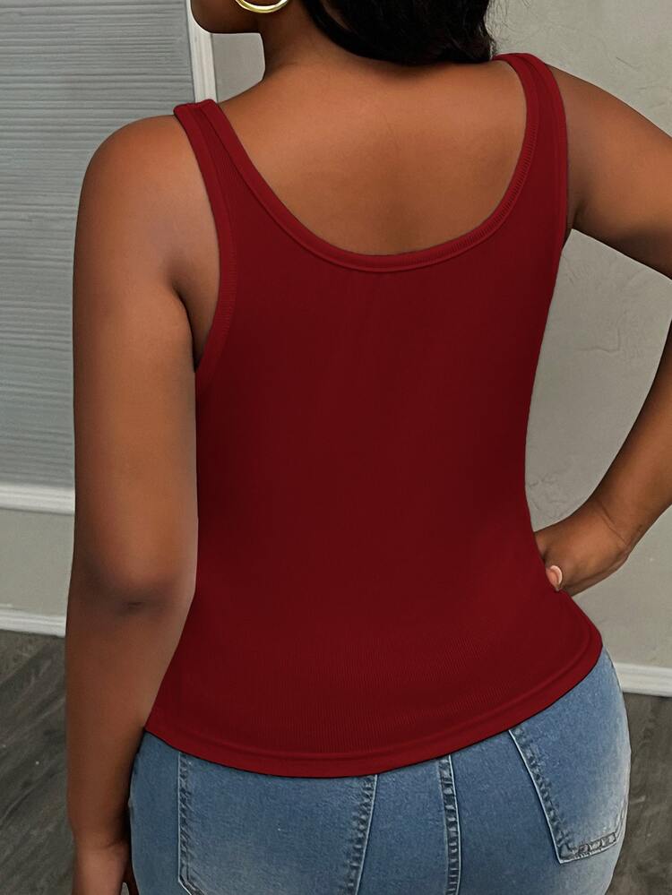 Slaydiva Casual Women's Plus Size Basic Muscle Tee Scoop Neck Ribbed Tank Top Side Ruched Red Sleeveless Top - Burgundy - View 2