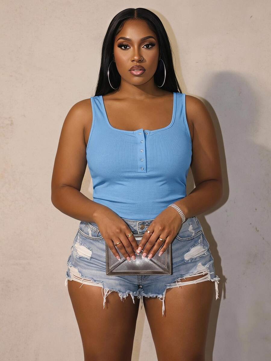 Slaydiva Casual Versatile White Camisole, Deep U-Neck With Racerback Design, Suitable For Plus Size Women; Perfect For Campus, Teacher Daily Wear And Back To School Dance - Baby Blue - View 1