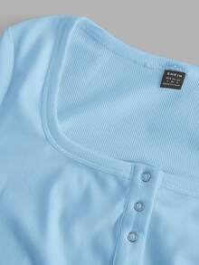 Slaydiva Plus Size V-Neck Button Pleated Slim Casual Sexy Short Sleeve T-Shirt, Going Out Formal Date Night Tops Light Blue Summer - Baby Blue - View 4
