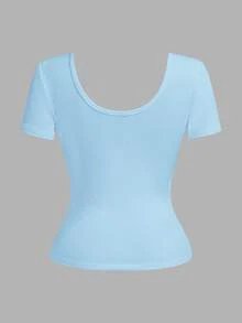 Slaydiva Plus Size V-Neck Button Pleated Slim Casual Sexy Short Sleeve T-Shirt, Going Out Formal Date Night Tops Light Blue Summer - Baby Blue - View 2