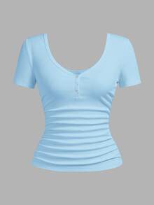 Slaydiva Plus Size V-Neck Button Pleated Slim Casual Sexy Short Sleeve T-Shirt, Going Out Formal Date Night Tops Light Blue Summer - Baby Blue - View 3