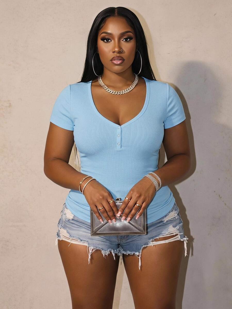 Slaydiva Plus Size V-Neck Button Pleated Slim Casual Sexy Short Sleeve T-Shirt, Going Out Formal Date Night Tops Light Blue Summer - Baby Blue - View 1
