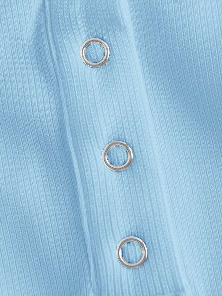 Slaydiva Plus Size V-Neck Button Pleated Slim Casual Sexy Short Sleeve T-Shirt, Going Out Formal Date Night Tops Light Blue Summer - Baby Blue - View 5