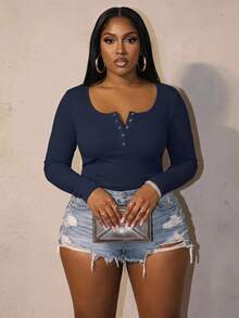 Slaydiva Kaos Lengan Panjang Slim Fit Putih Ukuran Plus Kasual Serbaguna dengan Leher U Dalam - Musim Gugur - Navy Blue - View 1