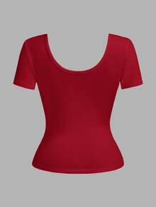 Slaydiva Kaos Wanita Ukuran Besar Warna Polos Leher V Lengan Pendek Kasual Seksi Bergaris Merah Malam Musim Panas - Merah - View 2